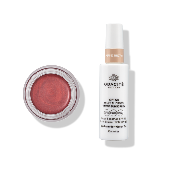 Odacité’s SPF 50 Tinted Sunscreen and Color Balm Duo on a white background, showing product tubes and compact packaging.