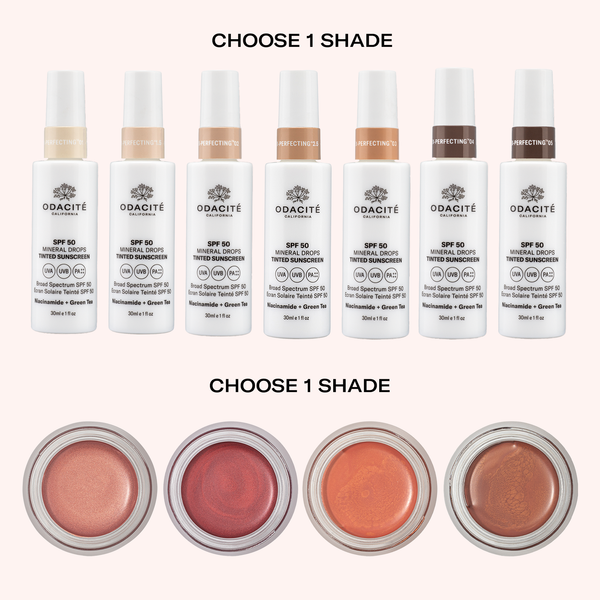 Six Odacité SPF 50 Tinted Sunscreen & Color Balm Duos shown in six shades; pick one for skin care, sun protection, and tint.