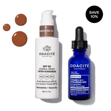 Odacité Sun Damage Defense Duo SPF 50 + Vitamin C includes tinted mineral drops and serum in clear and beige bottles.