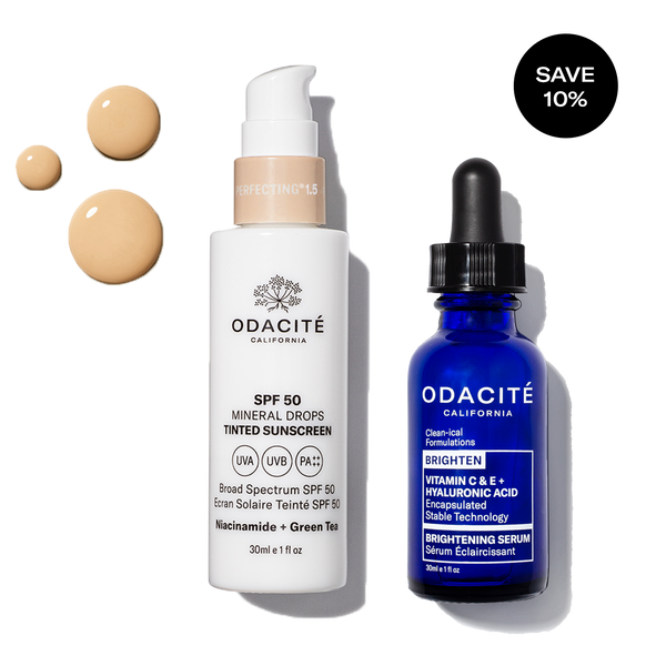 Odacité Sun Damage Defense Duo SPF 50 + Vitamin C shown in pump bottles, labeled for sun protection and brightening.