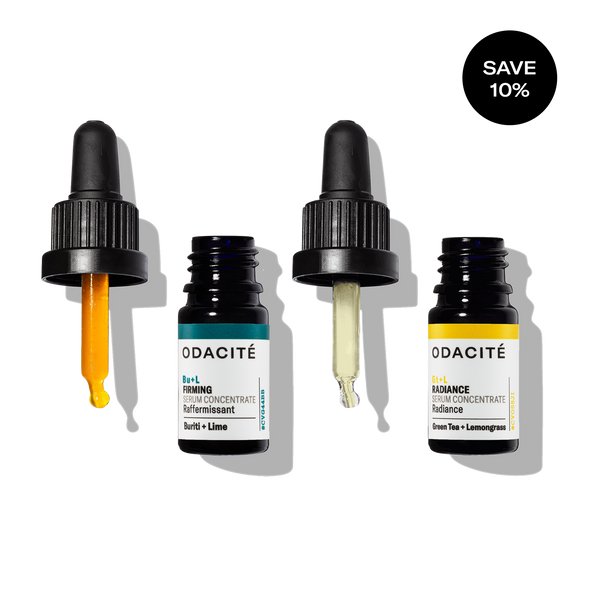 Odacité Tone + Glow Mature Skin Duo, two dropper bottles with colorful serums, Save 10% label in top right corner.