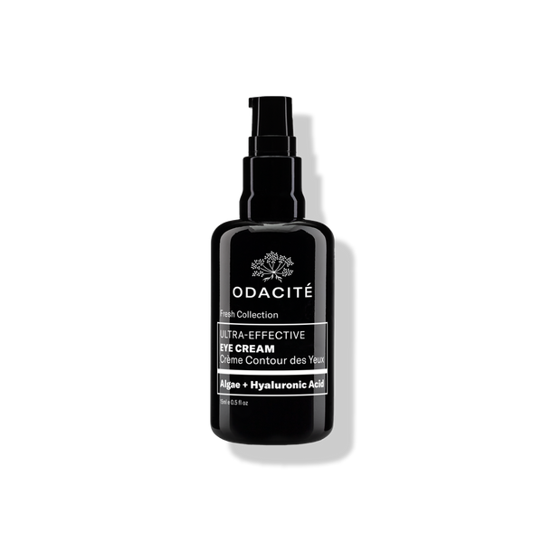 Odacite Ultra Effective Eye Cream with Algae + Hyaluronic Acid in a small white tube with black cap.