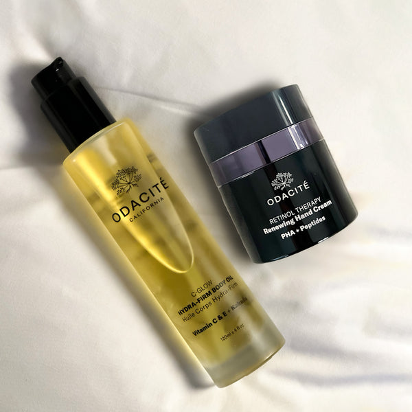 Odacité Vitamin C & Retinol Targeted Body Essentials set on a light background, showing bottles and tubes with clear labels.
