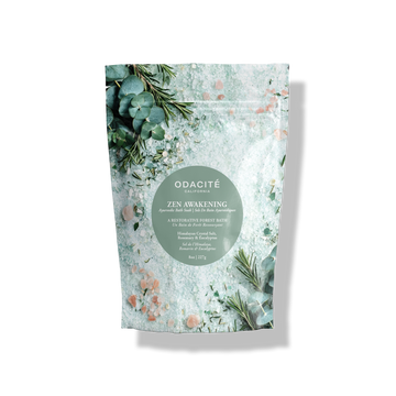 Zen Awakening Ayurvedic Bath Soak pouch with Himalayan crystal salt, rosemary, and eucalyptus, displayed on a light green background.