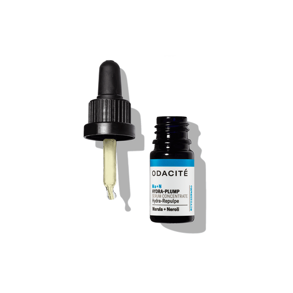Odacité Hydra-Plump • Marula + Neroli • Ma+N Serum Concentrate dropper and bottle on a plain white background.