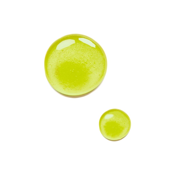 Two drops of Odacite Youth Acai + Rose Ac+R Serum, one large and one small, on a white background. Both are yellow-green.