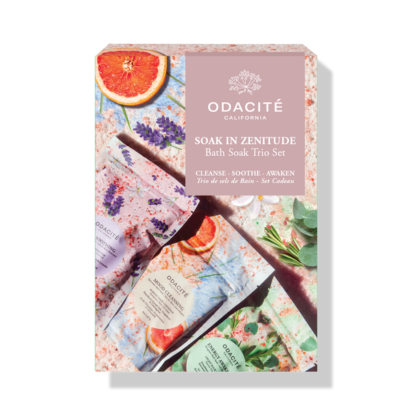 Odacité Soak In Zenitude Soak Trio Set with three bath soak jars in a box featuring colorful botanical illustrations.