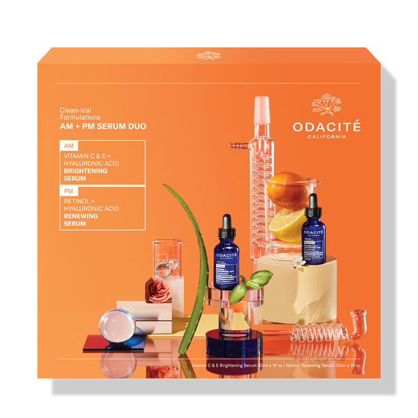 Odacité Clean-ical Formulations AM + PM Serum Duo with Vitamin C, citrus, and aloe in clear bottles inside an open orange box.