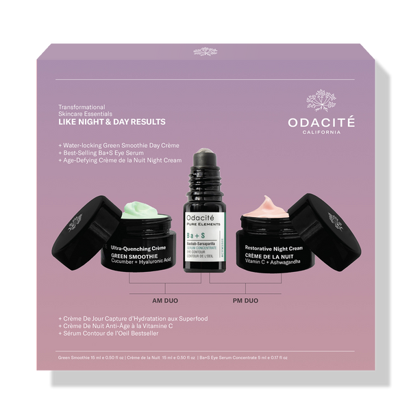 Odacité Like Night & Day Results Kit with cream, eye serum, and night cream on a purple box background. Products in jars and bottle.