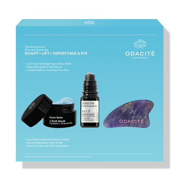Odacité The Sculpt, Lift & Depuff Face & Eye Kit with Blue Balm, eye serum, and mini Gua Sha in a SCULPT + LIFT + DEPUFF box.