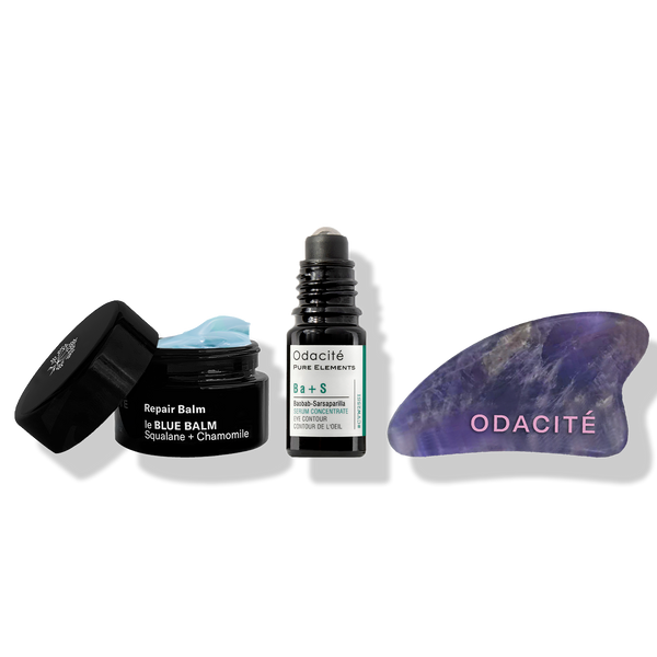 Odacité The Sculpt, Lift & Depuff Face & Eye Kit displayed on a white surface, showing all components clearly arranged.