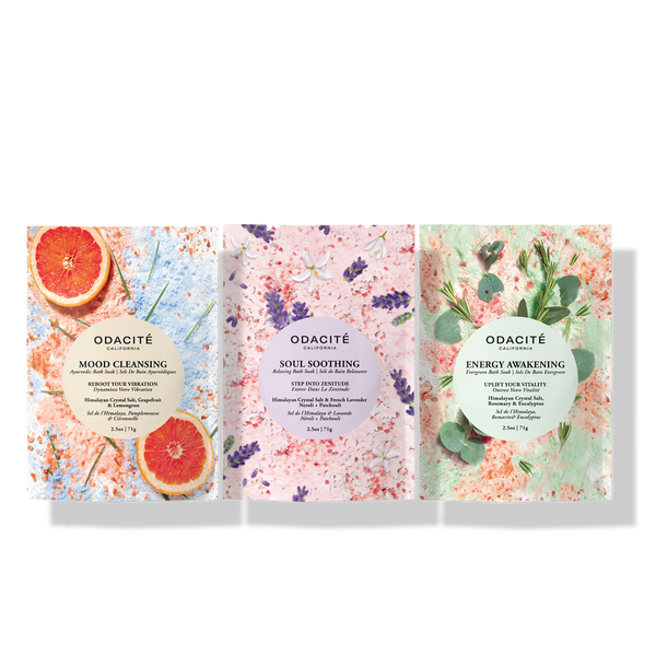 Odacité Soak In Zenitude Soak Trio Set with three colorful bath soak packets in a boxed variety kit.