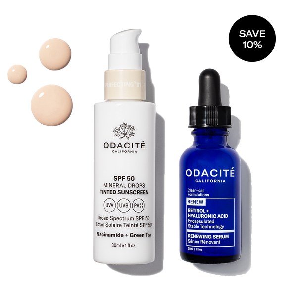 Odacité Anti-aging Dream Duo: SPF 50 tinted sunscreen tube and retinol serum bottle on a white background.