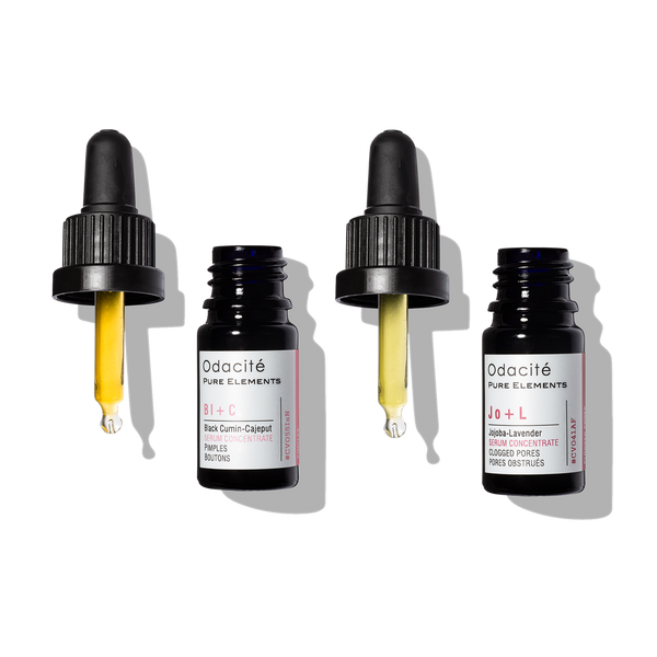Three Odacité Clear + Decongest Pimple-Prone Duo bottles with droppers arranged on a plain white background.