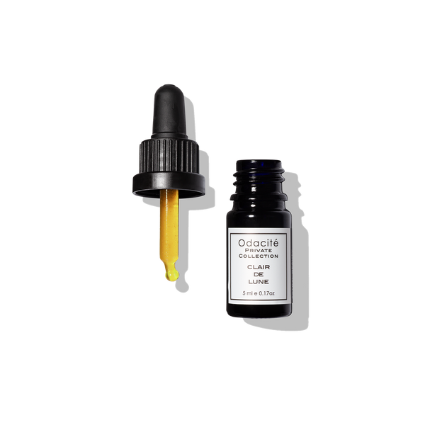 Odacite Clair de Lune Radiance Serum, 5ml glass bottle with dropper, labeled and clear liquid inside.